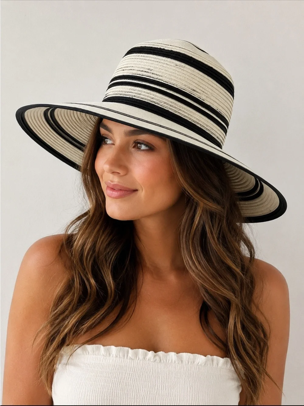 032. Scala Striped Wide Brim Sun Hat Black & White